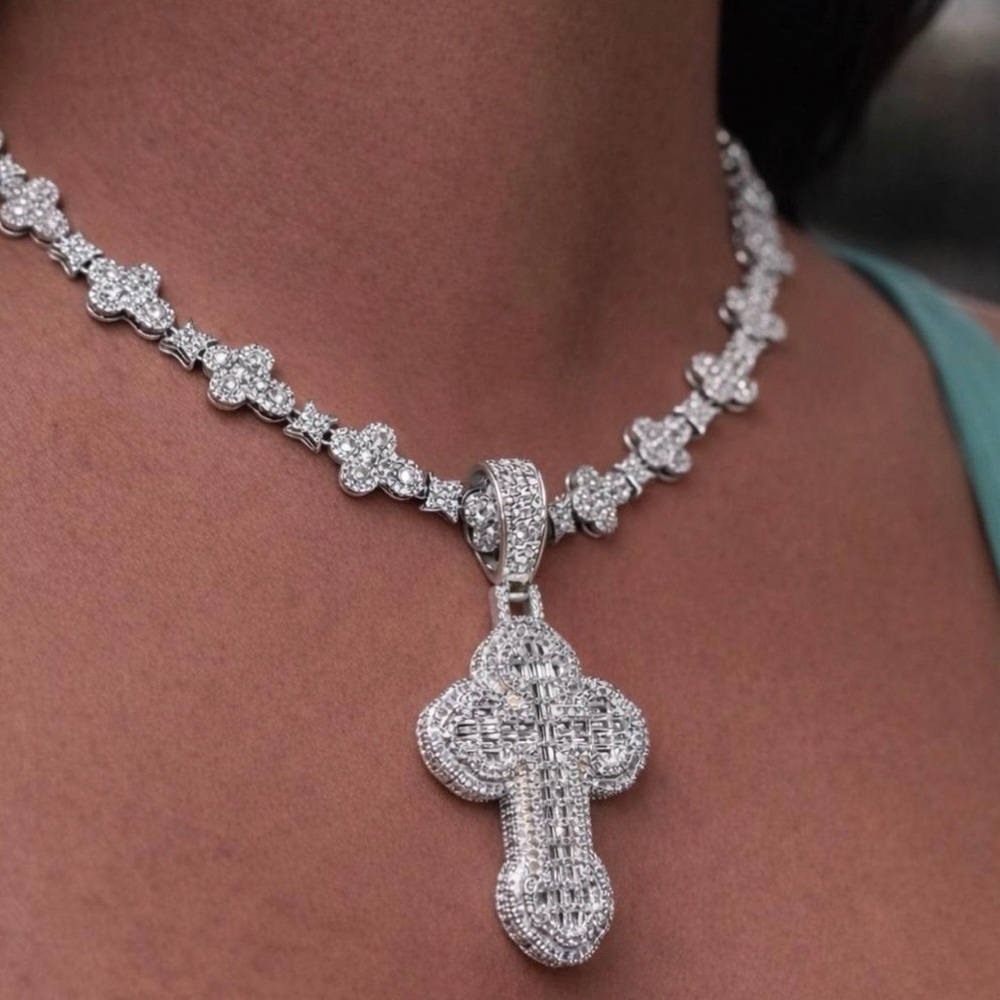 Iced  Cross Pendant Necklace 16inch  - Women's Religious Jewelry